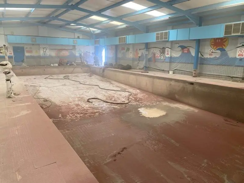 Pool Grit blasted to remove the pool paint and expose the tiles for adhesion